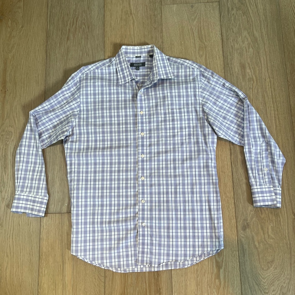 Kenneth Cole Reaction White Non Iron Button‎ Down Shirt With Purple Plaid -XL